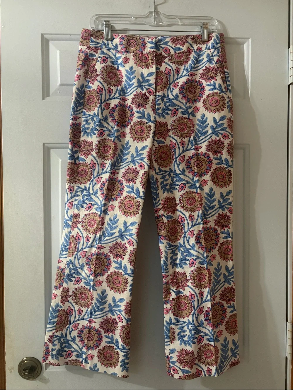 J. Crew Hayden Kick Flare Pants White  With Pink, Gold, Blue Floral Size 6